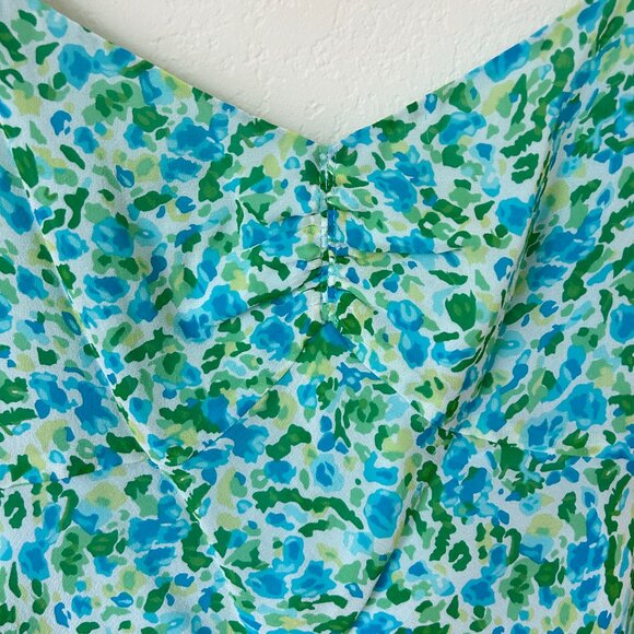 Ann Taylor Top Womens 14 Blue Green Floral Ruffle Sleeveless Silk Career Tank - Picture 3 of 9